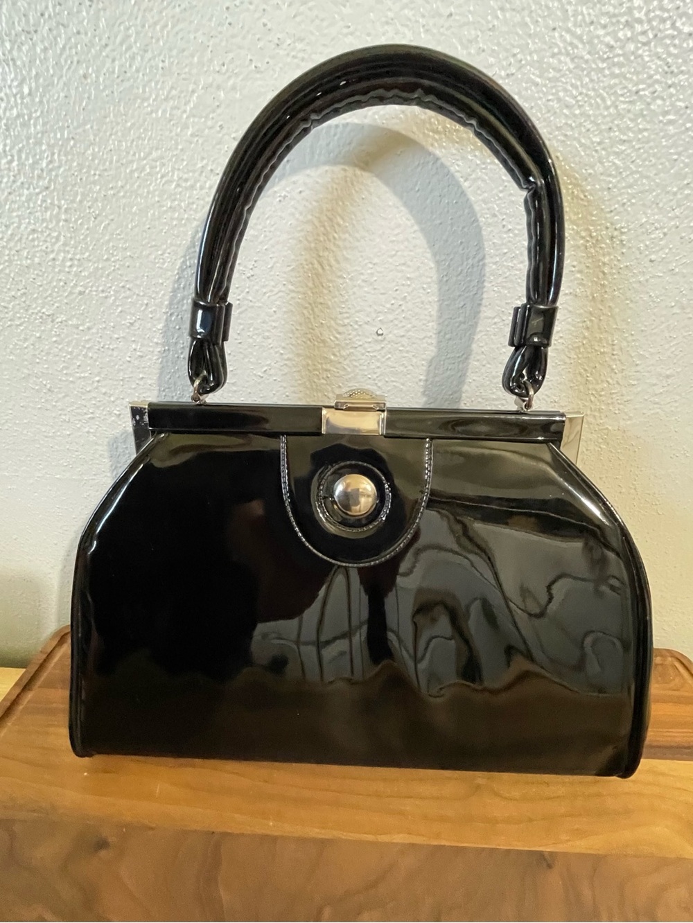 Vintage Black Patent Leather Top Handle Kelly Style Frame Handbag Purse Glossy
